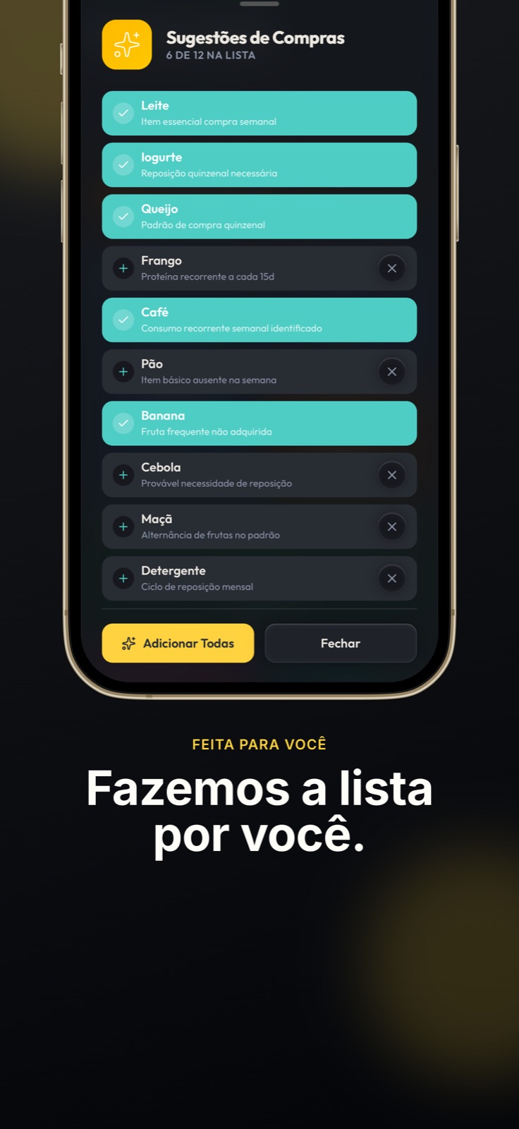 Sugestões inteligentes de compras no app